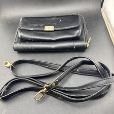 Black Leather Wallet Clutch Crossbody Strap STG Logo Zip Around Wristlet Purse