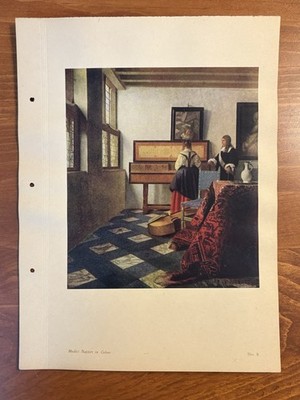 Vintage 1940 s Medici Masters - Jan Vermeer Art Print. The Music Lesson