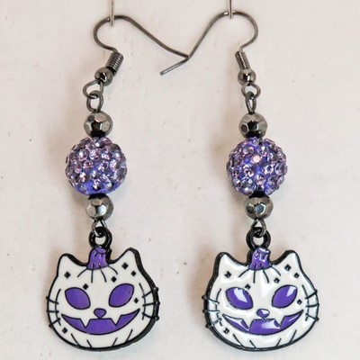 Sparkly White Cat & Purple Rhinestone Bead Halloween Earrings By SoniaMcD