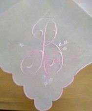Vgt B Monogram Pink Embroidery On White Linen Hankie Handkerchief