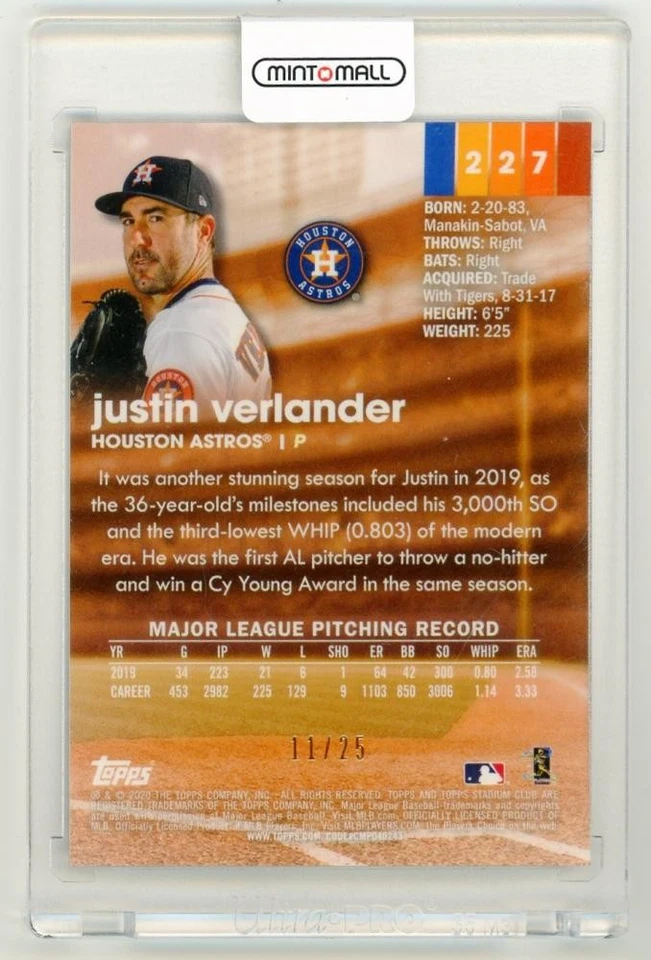 2020 Stadium Club Chrome Justin Verlander Orange /25 Astros - Image 2 of 2