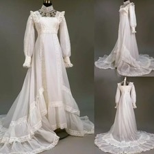 Vintage Lace Wedding Dresses High Neck Long Sleeve Ruffle Trailing Bridal Gowns