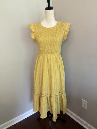 Lost And Wander Muted Yellow Smocked Tiered Dress Lined Medium Cottage Core Boho