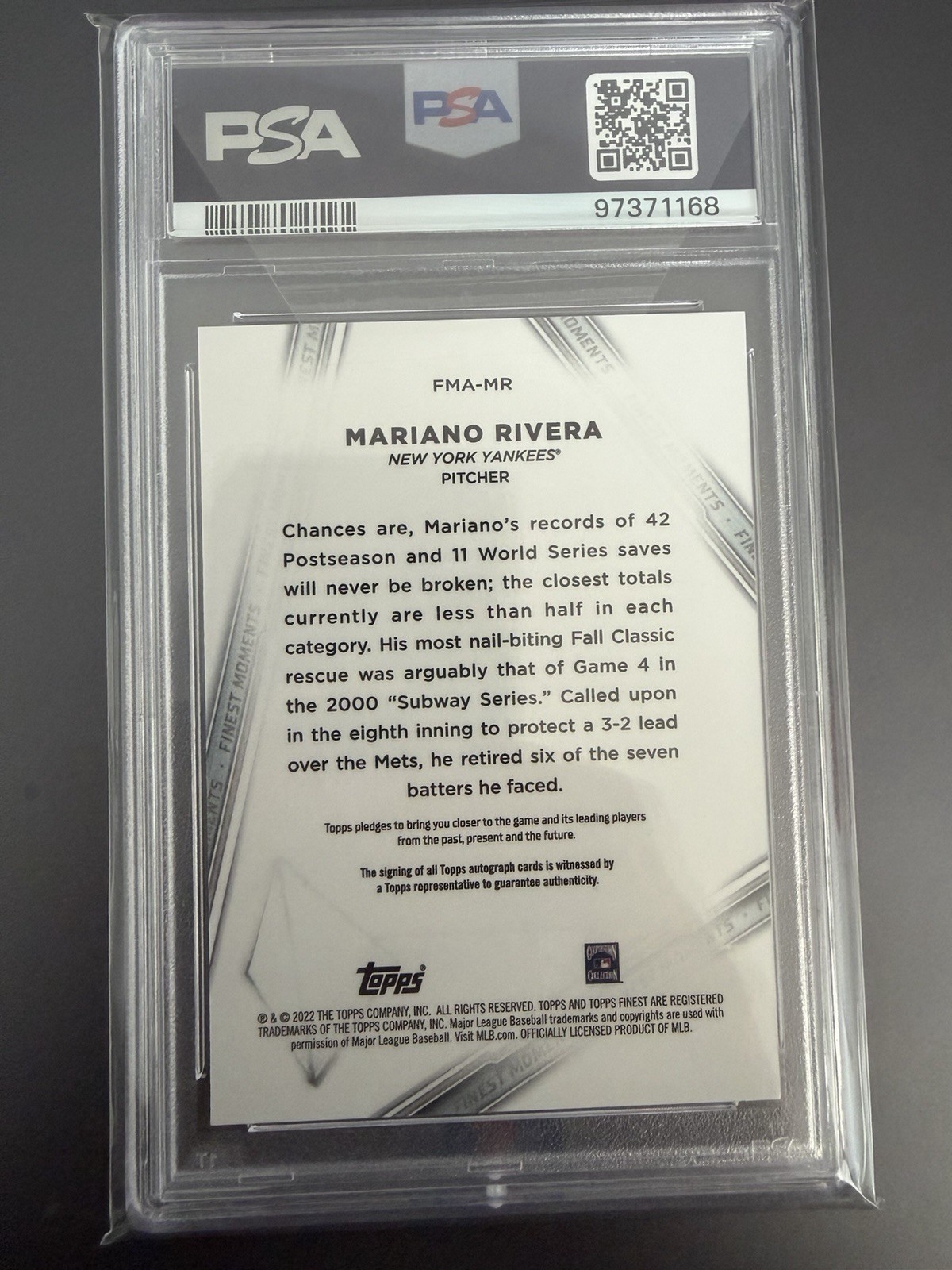 2022 Topps Finest Moments Mariano Rivera Auto PSA 10 Pop 3 view 2