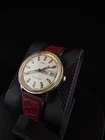 Vintage Timex Day Date Watch Gold Tone Red Dial Accents 34mm Runs Clean