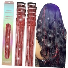 Hair Tinsel 12 Pcs Hair Tinsel Clip in Glitter Tinsel Hair 23.6 Inch- 12Pcs Red