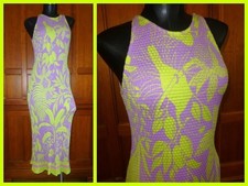 New Anthropologie FARM RIO Neon Green Lavender Stretch knit midi DRESS sz L