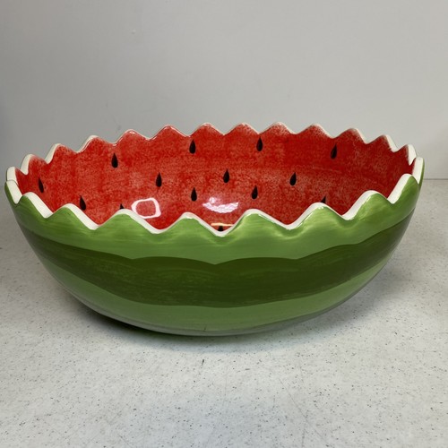 Vintage Pier 1 Imports Earthenware Watermelon Serving Bowl 12" x 9 1/2" x 5" - Picture 4 of 8