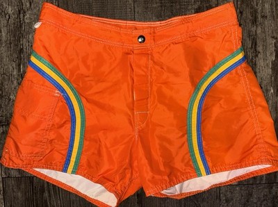 Vintage Sun Britches 70/80s Swim Surf Wear Neon Orange Rainbow USA Size 32