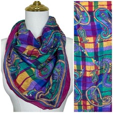 Vintage Elaine Gold Silk Large Rectangle Scarf Colorful Paisley Floral Purple