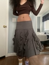 Vintage grey woven drop waist circle midi skirt Petal ruffles/frills