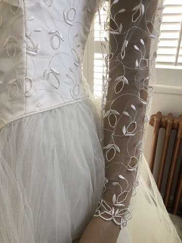 New Ivory Ellis 1980s Vintage Lace Tulle Long Sleeve Princess Wedding Dress S 14 - Picture 7 of 19