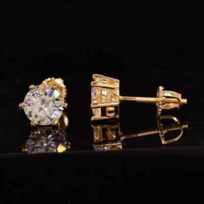 REAL Moissanite 2Ct Round Cut Solitaire Stud Earrings 14K Yellow Gold Plated