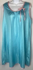 Blue Satin w Pink Trim Sleeveless Nightgown Vintage Mod Anthony Richards Size LG