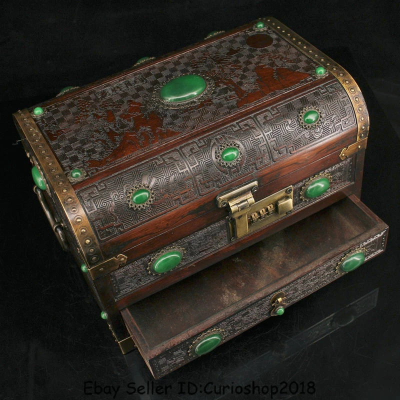 10.2" Antigua China Incrustación de Palo de Rosa Gema Verde Dinastía Palacio Mango Joyero Cofre Foto 2 de 4
