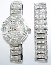 KRSH'D SILVER TONE,PAVE BAND+OVERSIZE CRYSTAL COVERED DIAL WATCH+BRACELET K-9009