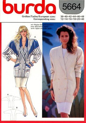 Burda 5664 Double-Breasted Power Jacket w Contrast Insets Sz 12-20 + 40 UNCUT