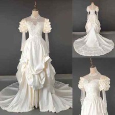 Vintage Wedding Dresses High Neck Long Sleeve Ruffled Satin Bridal Ball Gowns