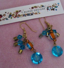 "VINTAGE AQUA/ORANGE GLASS BEADED EARRINGS" MADE IN USA! OOAK W/FREE GIFT BOX