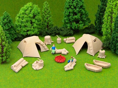 12pc HO Scale Model Train Camping Set with 2 Large Dome Tents Canoes Log Set