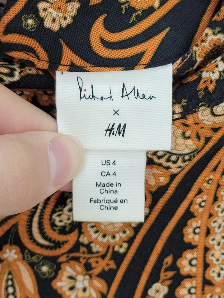 Top túnica H&M x Richard Allen para mujer 4 negro marrón cachemira manga campana arte boho Foto 3 de 4