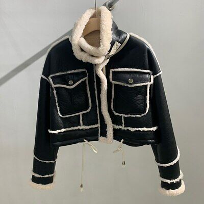 Women Leather Jacket Real Lamb Fur Jackets Winter Shearling Crop