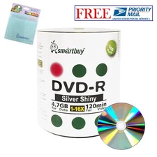 100 Smartbuy DVD-R 16X 4.7GB Shiny Silver Blank Disc + FREE Micro Fiber Cloth