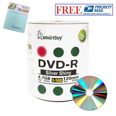 100 Smartbuy DVD-R 16X 4.7GB Shiny Silver Blank Disc + FREE Micro Fiber Cloth