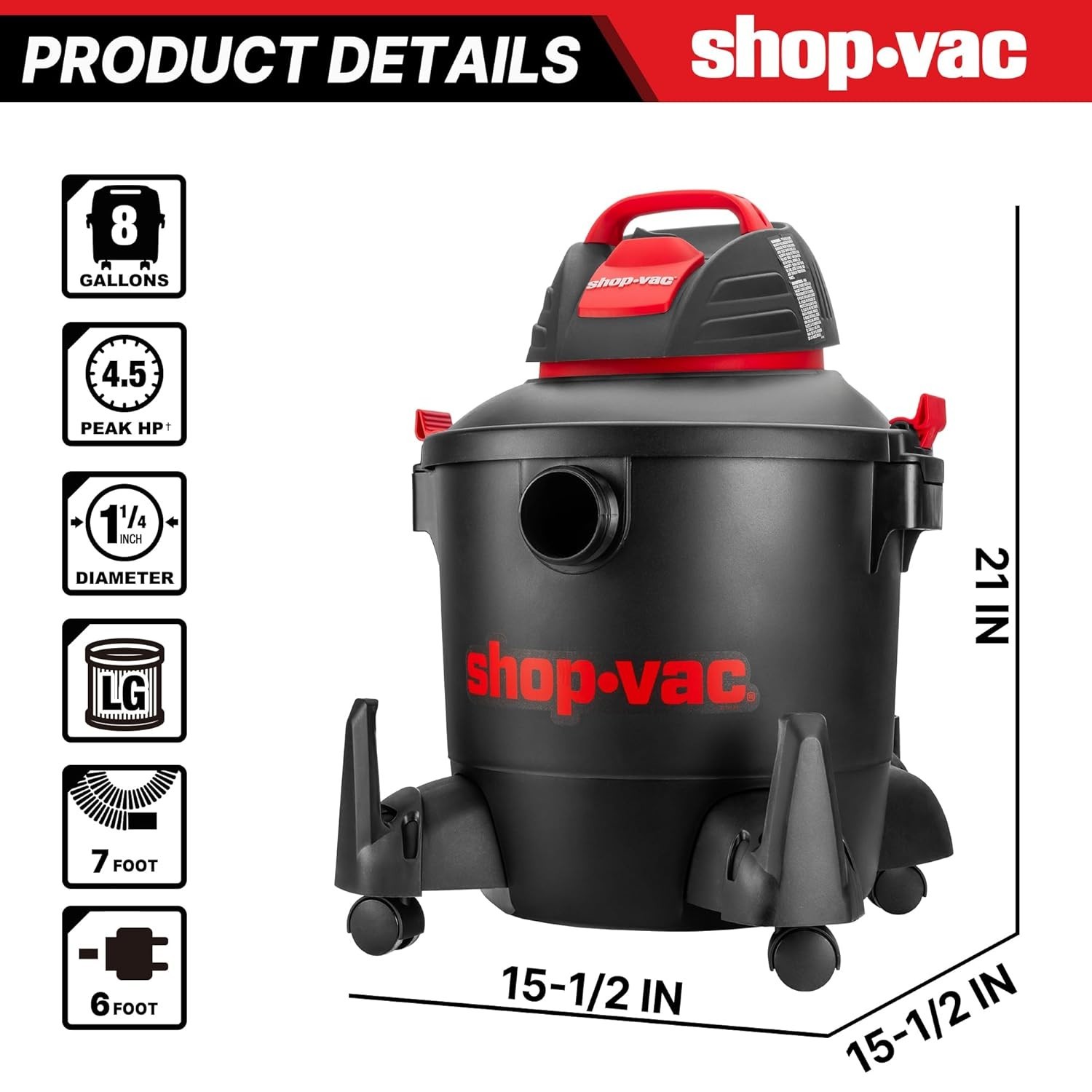 Wet Dry Vacuum Cleaner 8 Gallon 4 5 Peak HP Garage Workshop Home Use