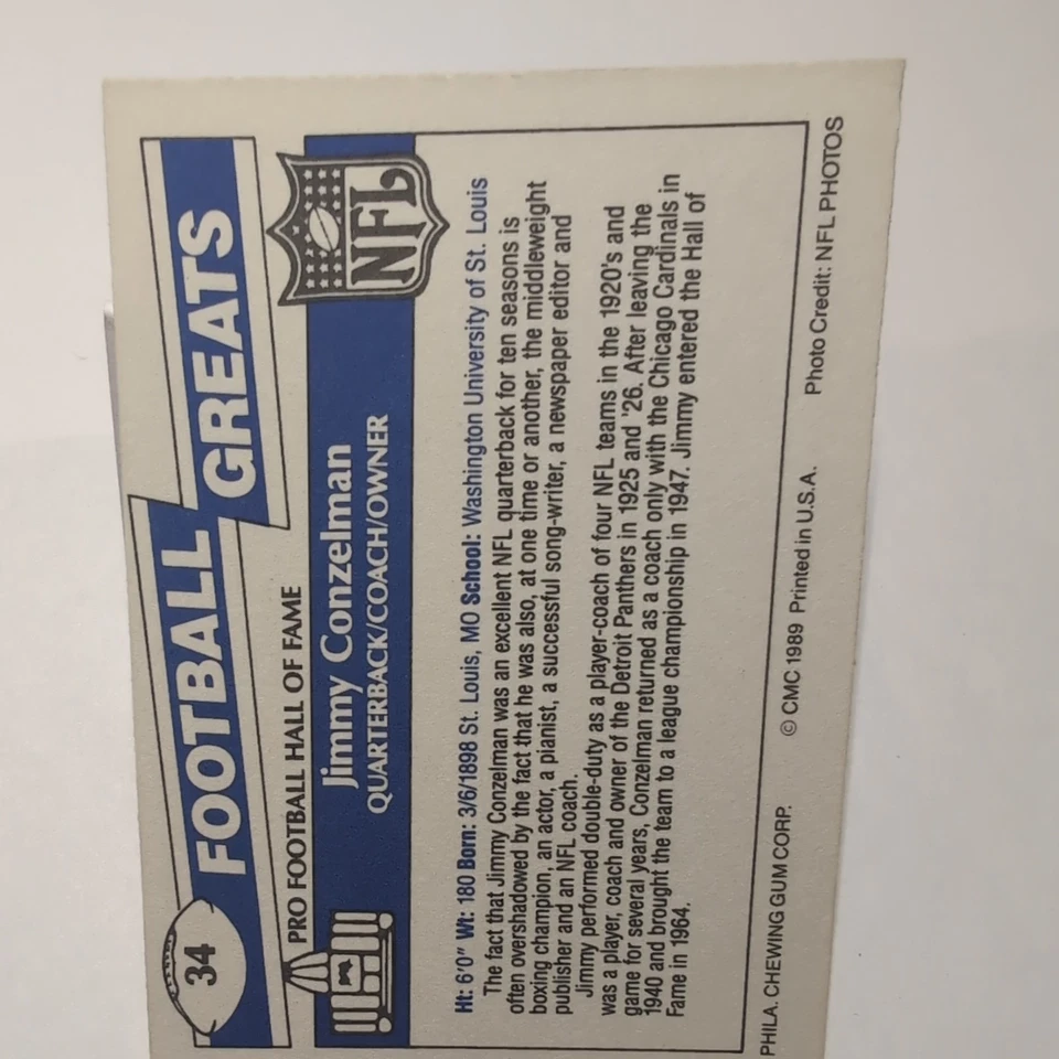 Jimmy Conzelman Detroit Panthers 1989 Swell Greats #34 10W - Image 2 of 4