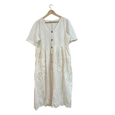 Oak + Fort White Linen Blend Midi Dress Button Front Pockets Casual XL