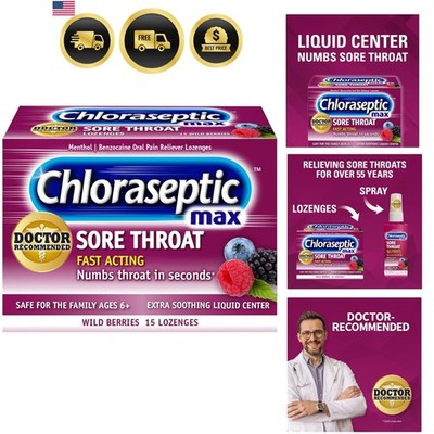 Max Strength Sore Throat Relief Lozenges, Wild Berry, Drops with Liquid Cente...