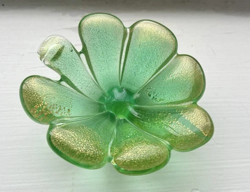 VTG MCM Seguso GREEN GOLD 3” Glitter Italian MURANO Glass LEAF Trinket Dish