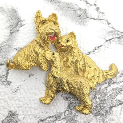 Vtg Gold-Tone Dog Brooch Pin Terrier Spaniel Cat Textured Finish Colorful Accent