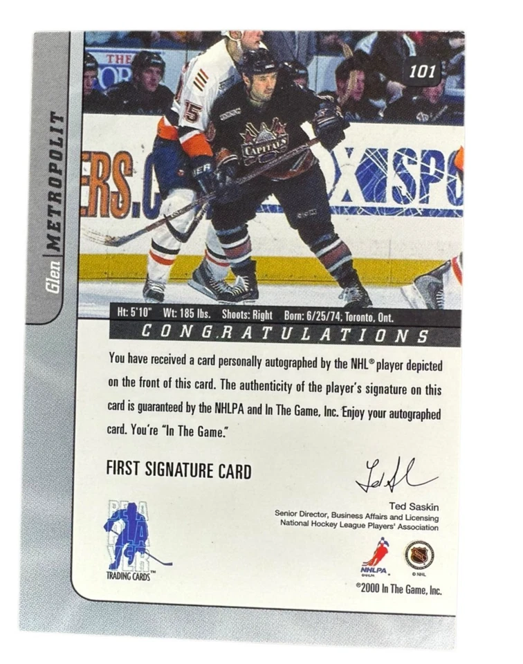 2000-01 ITG Be A Player Signature Series Auto Gold Glen Metropolit #101 Auto - Image 2 of 3