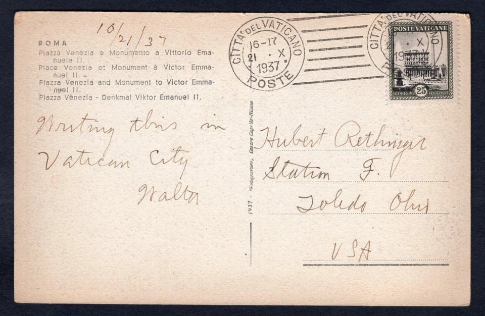 VATICAN 1937 Postcard to USA - Image 2 of 3