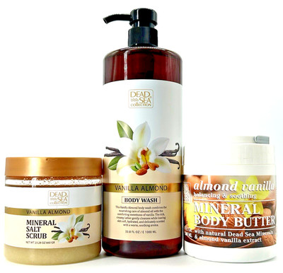 Dead Sea Vanilla Almond Nourishing Mineral Salt Scrub, Body Wash & Butter