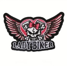 Lady Biker Embroidered Iron-on Patch Pink Skull Wing Motorcycle Woman Rider Girl