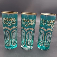 3 Vintage Moroccan Style Tall Tea Glasses  Teal With Gold Designs