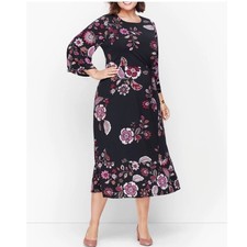 Talbots Womens Black Multicolor Floral Print Ruched Jersey Midi Dress Size 20W