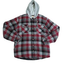 Wrangler Plaid Flannel Men's Medium Jacket Hooded Quilted Lining Shacket Red