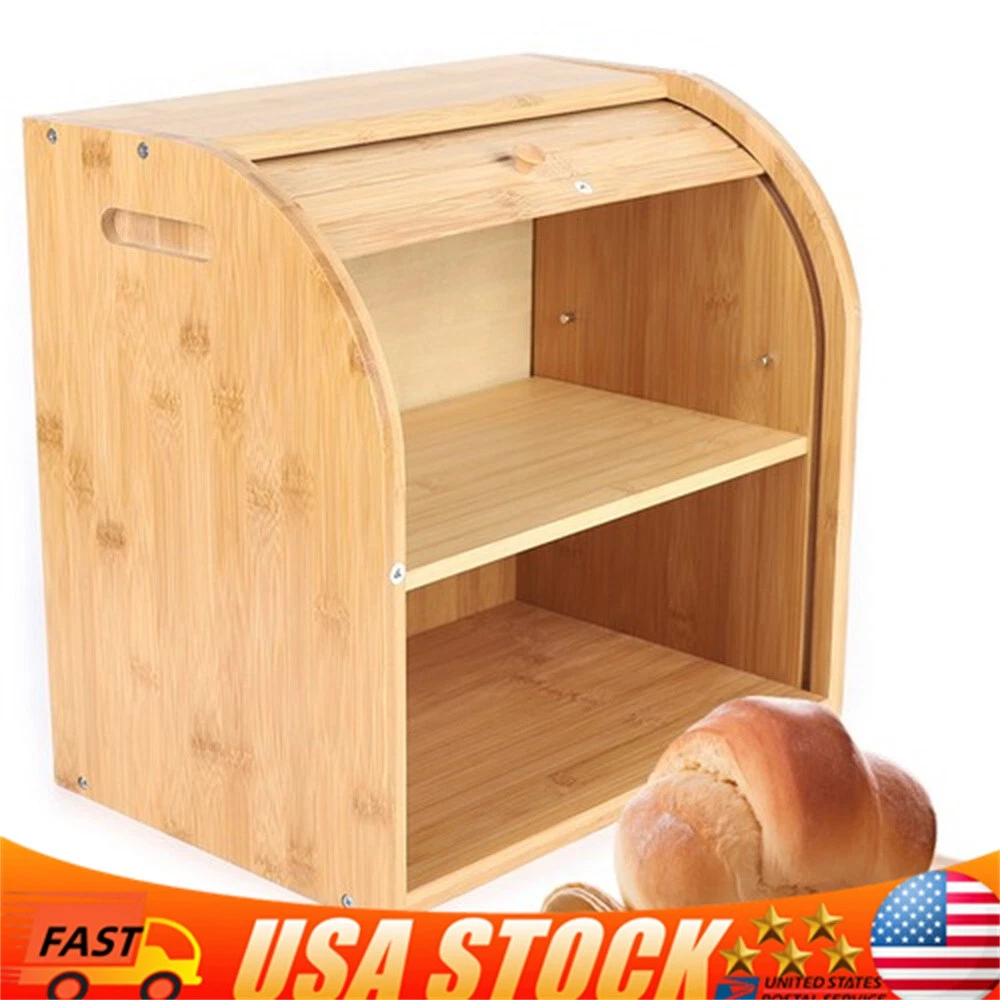 2-Layer Bread Box Bread Keeper Bamboo Wood With Lid Kitchen Storage Containers
