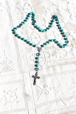 Vintage Baby Blue Swirl Pattern Glass Bead Catholic Rosary Made in Italy