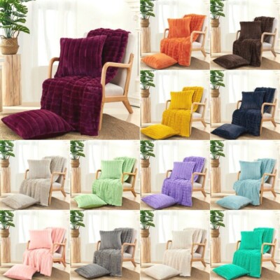 Luxury Faux Rabbit Fur Throw Blanket w/ 2 Pillow Covers Soft Striped Cozy Gift