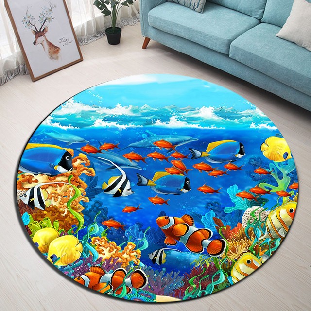 Colorful Undersea Swimming Fish Round Mat Bedroom Carpet Living Room