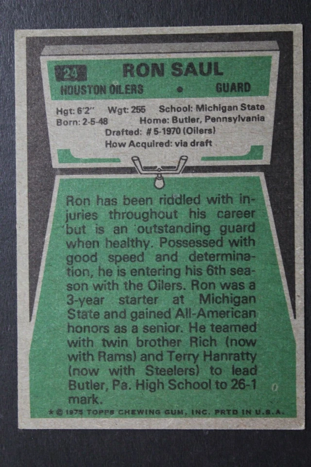 Ron Saul (d.2021) Houston Oilers Signed 1975 Topps #24 Autographed Card MICH ST - Image 2 of 3