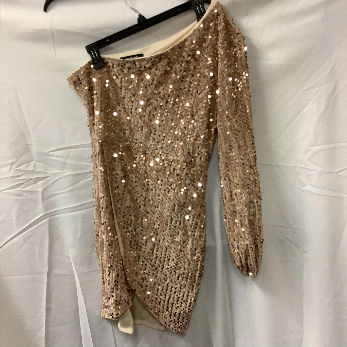 Chic Me Womens Beige Sequin One Shoulder Long Sleeve Bodycon Dress Size  Large