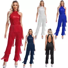 US~ Women's Sequins Fringe Sleeveless Jumpsuit Latin Dance One Piece Rompers