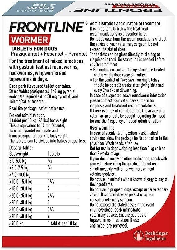 FRONTLINE WORMER Worming Tablets for Dogs 2 Tablets, white eBay