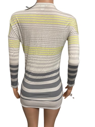 Y2K Deadstock grey yellow stripe v-neck t-shirt l/s XS henley top casual chic - Picture 3 of 3